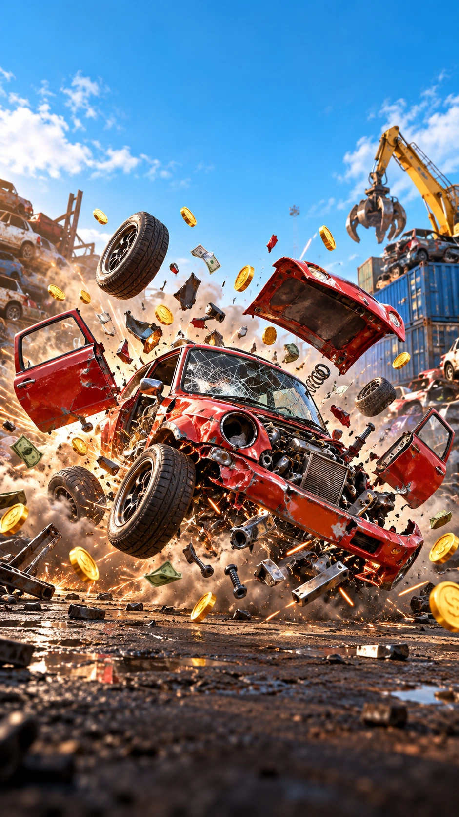 Illustrated junkyard car destruction