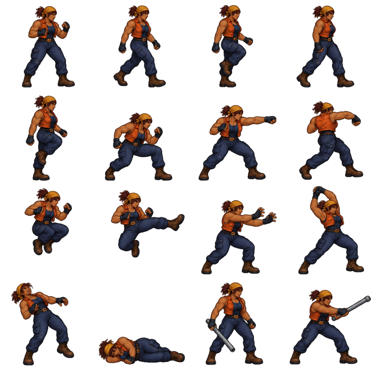 Nessa animation sprite sheet with movement, combat, damage and weapon poses