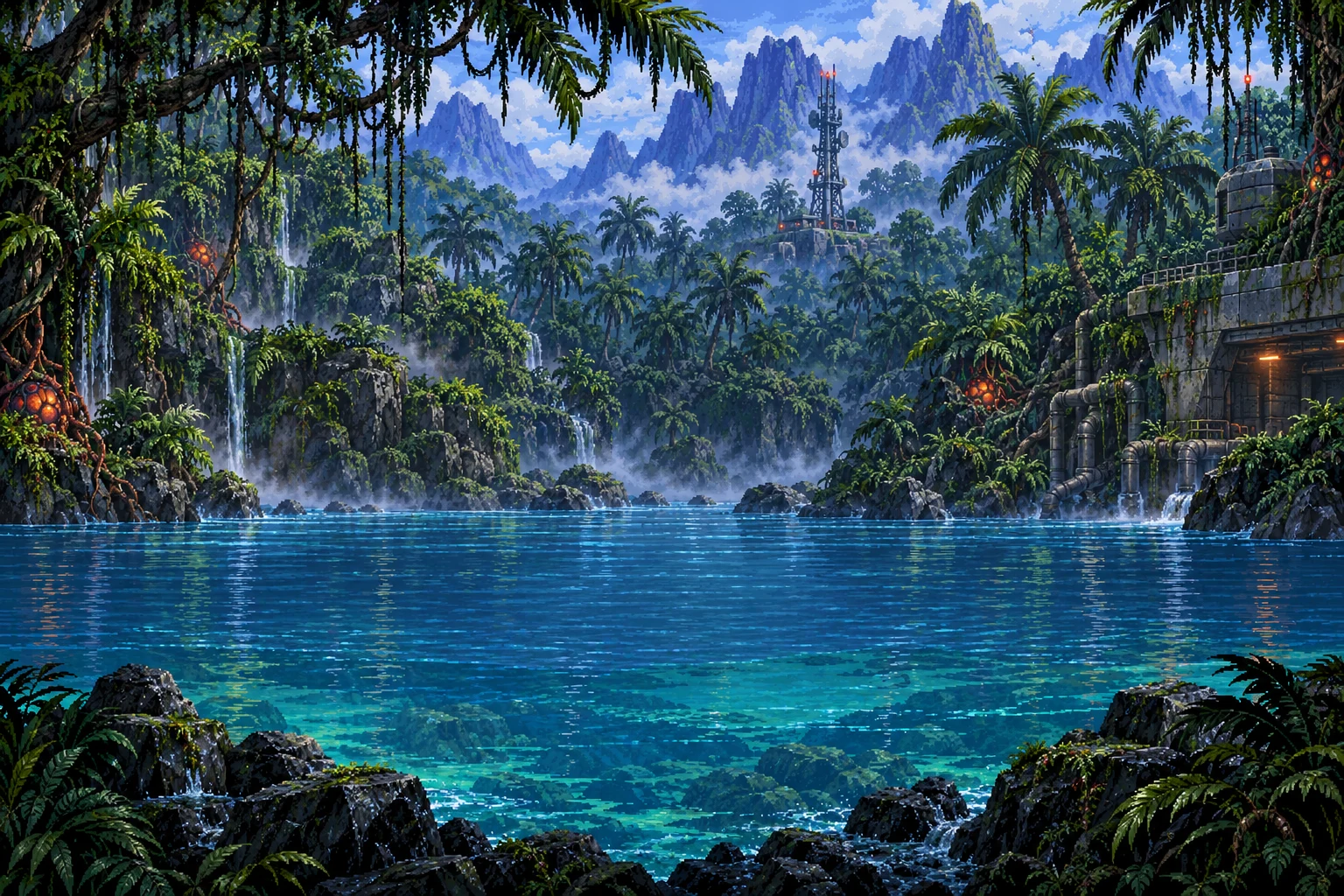 Detailed jungle background with waterfalls, vegetation, stone structures and coherent lighting